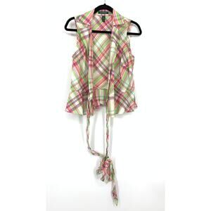 Lauren Ralph Lauren Wrap Top Womens Size Small Pink Green Plaid Linen Blend